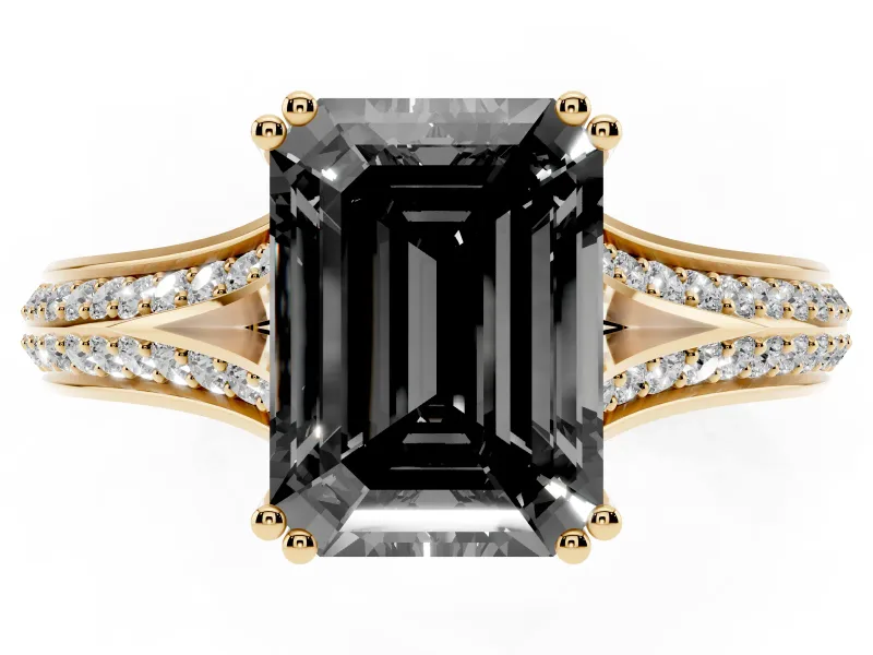 Emerald Cut Split Shank Engagement Ring Setting for a Black Center | Pavé Band | Yellow Gold