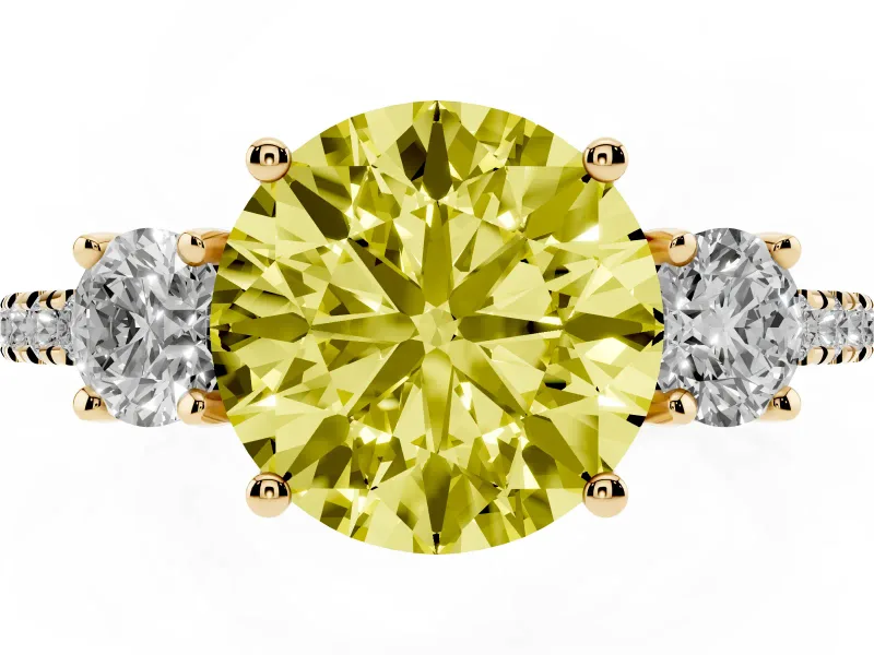 Round Three Stone Engagement Ring Setting for a Fancy Yellow Lab-Grown Diamond | Pave Shoulders | Yellow Gold