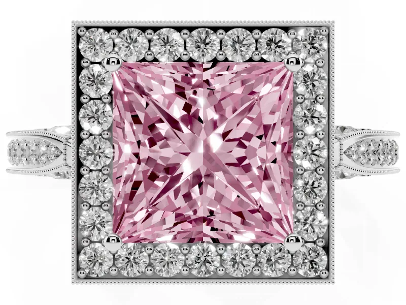 Princess Cut Milgrain Halo Engagement Ring Setting for a Fancy Pink Lab-Grown Diamond | Side Stones | White Gold