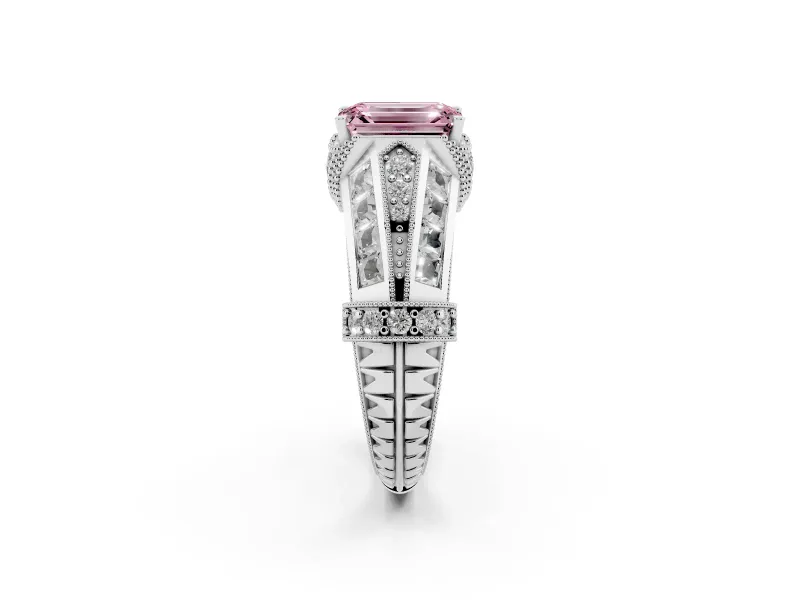 Fancy Pink Emerald Cut Diamond Vintage-Inspired Milgrain Ring Set in White gold with Accent Split Shank
