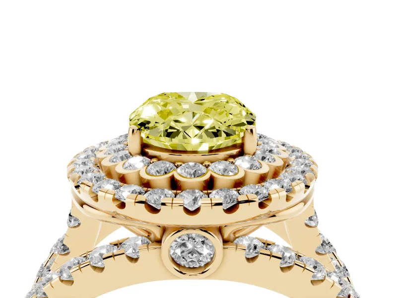 Oval Double Halo Split Shank Engagement Ring Setting for a Fancy Yellow Lab-Grown Diamond | Pave Strands | Yellow Gold