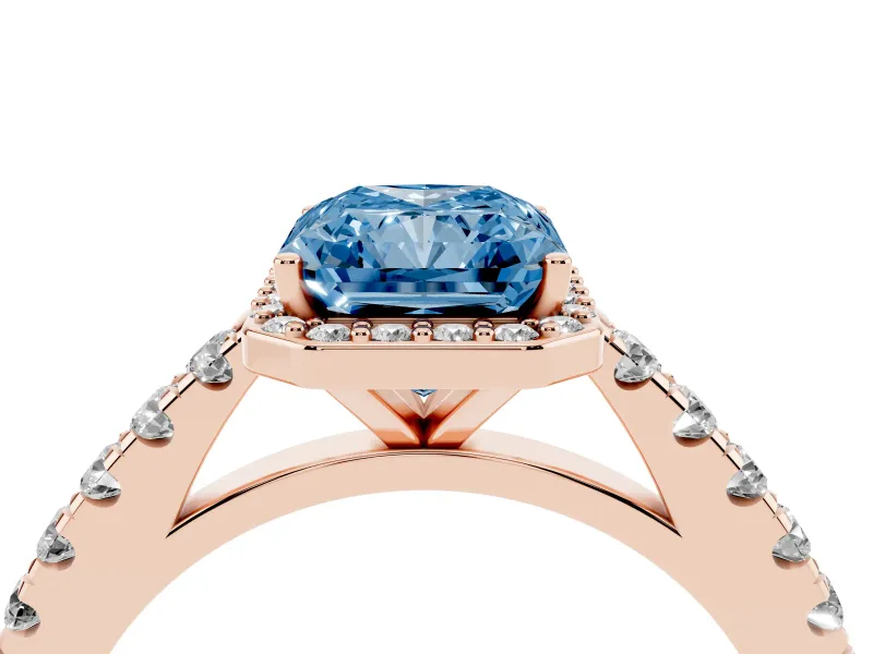 Fancy Blue Radiant Cut Diamond Halo Engagement Ring Set in Rose gold with Pavé Band and Prong Setting