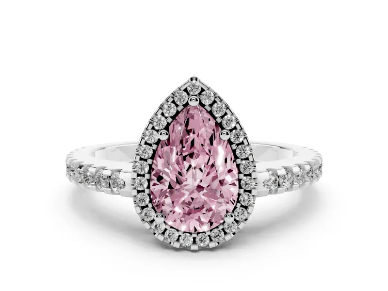 Fancy Pink Pear Cut Diamond Halo Ring Set in White gold with Pavé Shoulders and Halo-Framed Center