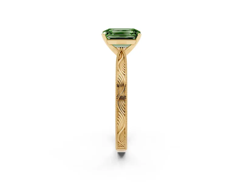 Emerald Cut Engraved Engagement Ring Setting for a Fancy Green Lab-Grown Diamond | Yellow Gold