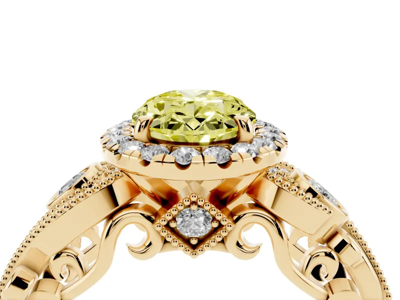 Fancy Yellow Oval Cut Diamond Halo Ring Set in Yellow gold with Milgrain Pavé Band and Prong Setting