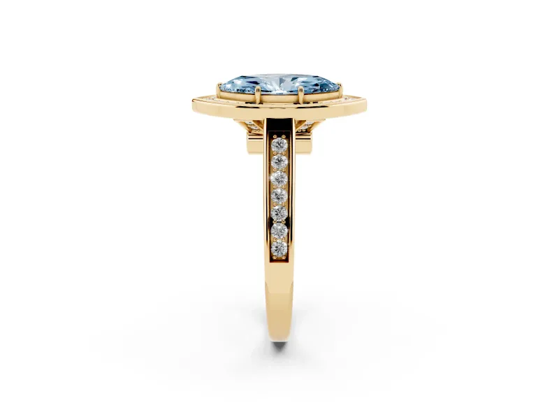 Fancy Blue Marquise Cut Diamond Halo Solitaire Ring Set in Yellow gold with Pavé Band and Bezel Setting