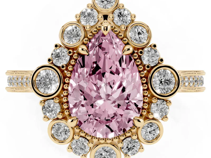 Fancy Pink Pear Cut Diamond Halo Milgrain Pavé Ring Set in Yellow gold with Prong Setting