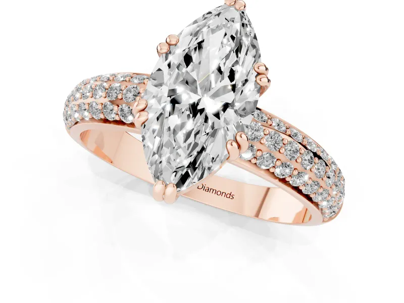 Marquise Three Row Pave Solitaire Engagement Ring Setting | Double Claw Prongs | Rose Gold
