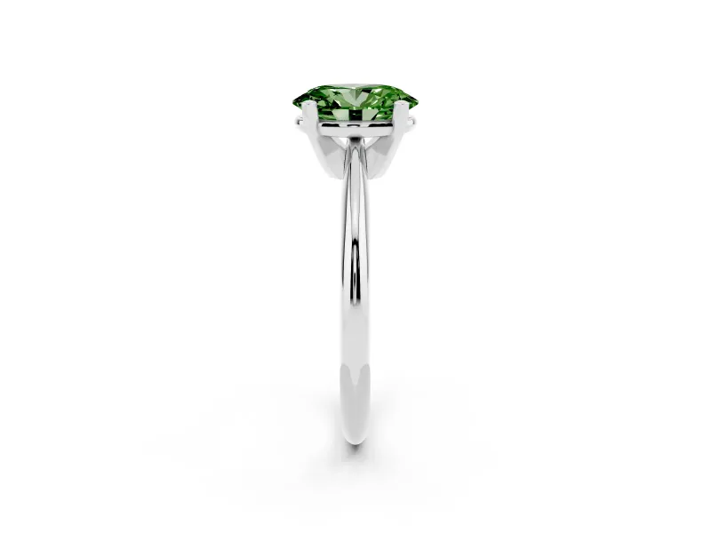 Fancy Green Oval Cut Diamond Solitaire Ring Set in Silver with Prong Setting on a Plain Round Band