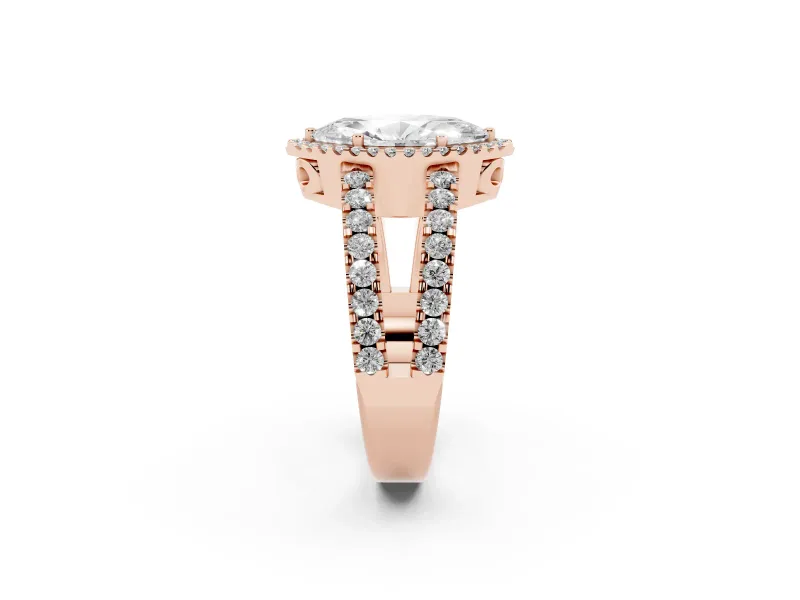 Marquise Cut Diamond Halo Ring Set in Rose gold with Pavé Split Shank and Prong Setting