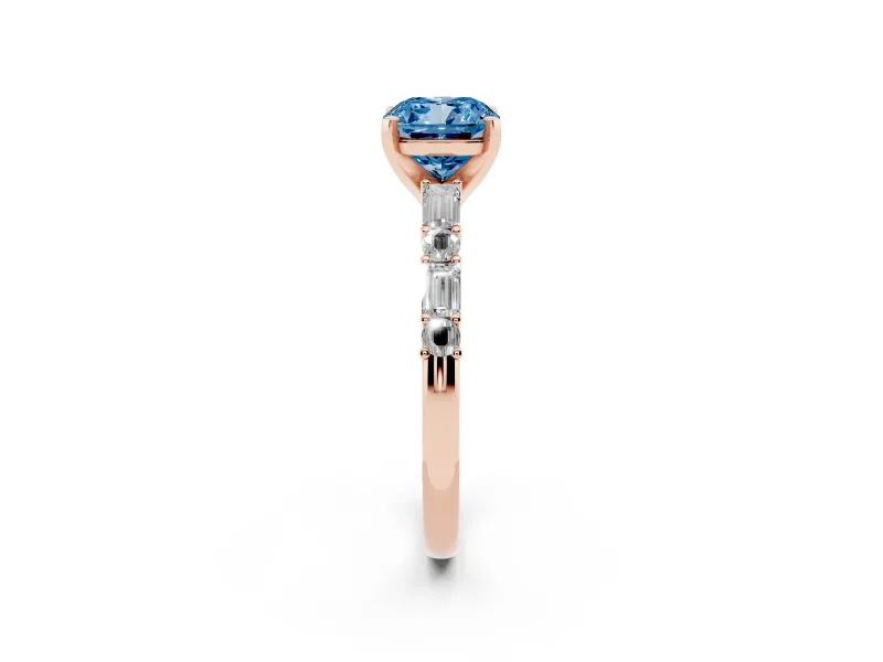 Cushion Cut Baguette Side Stone Engagement Ring Setting for a Fancy Blue Lab-Grown Diamond | Rose Gold