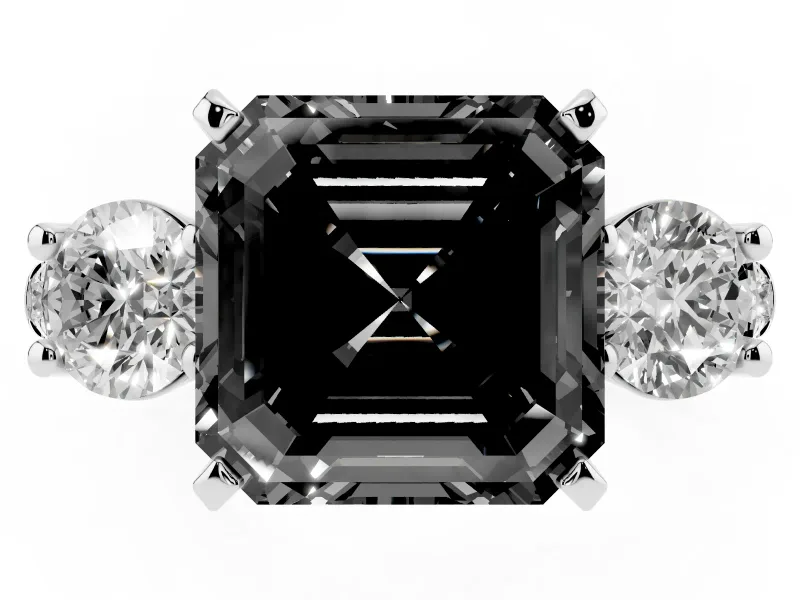 Fancy Black Three-Stone Asscher Cut Diamond Pavé Band Ring Set in White gold with Prong-Set Trio