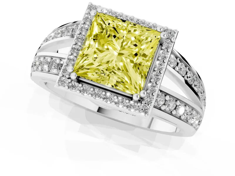 Princess Cut Halo Engagement Ring Setting for a Fancy Yellow Lab-Grown Diamond | Two-Row Pave Split Shank | White Gold