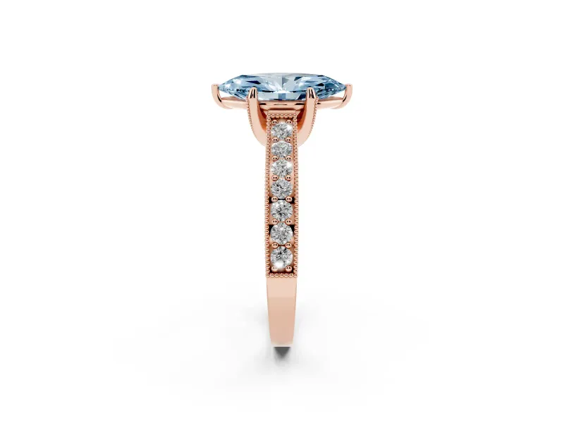 Marquise Vintage Hidden Halo Engagement Ring Setting for a Fancy Blue Lab-Grown Diamond | Milgrain Pave Band | Rose Gold