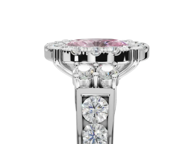 Oval Halo Engagement Ring Setting for a Fancy Pink Lab-Grown Diamond | Side Clusters | Platinum