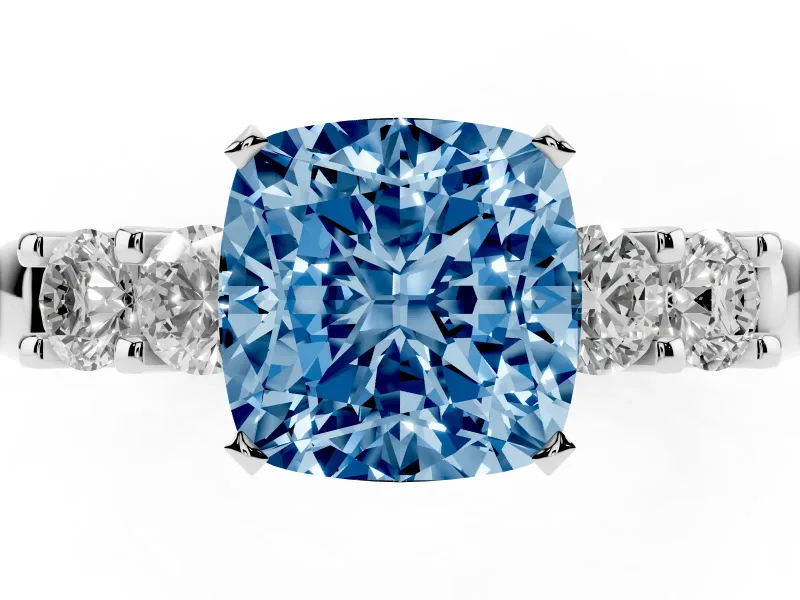 Fancy Blue Cushion Cut Diamond Five-Stone Prong Set Engagement Ring Set in White gold with Channel Band