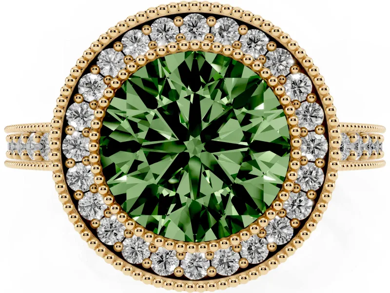 Fancy Green Round Cut Diamond Halo Engagement Ring Set in Yellow gold with Pavé Band and Round Halo Stones