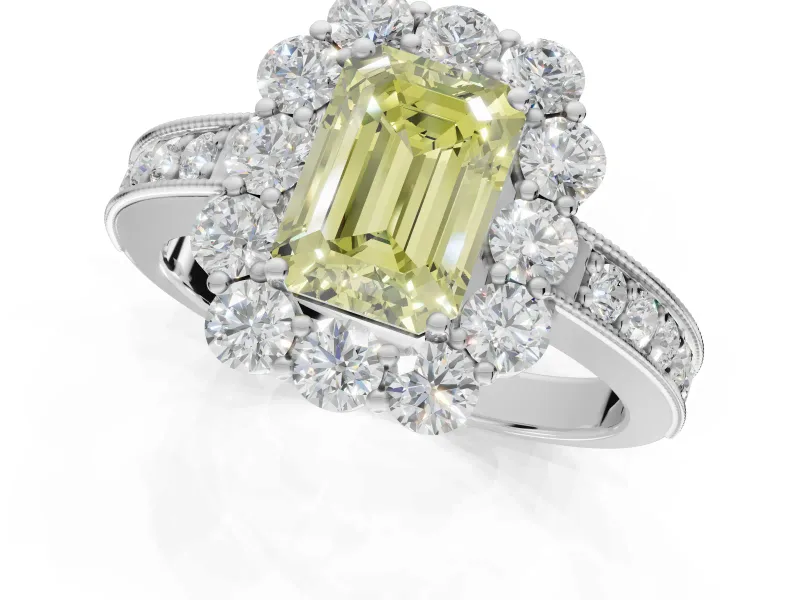 Emerald Cut Vintage Halo Engagement Ring Setting for a Fancy Yellow Lab-Grown Diamond | Platinum