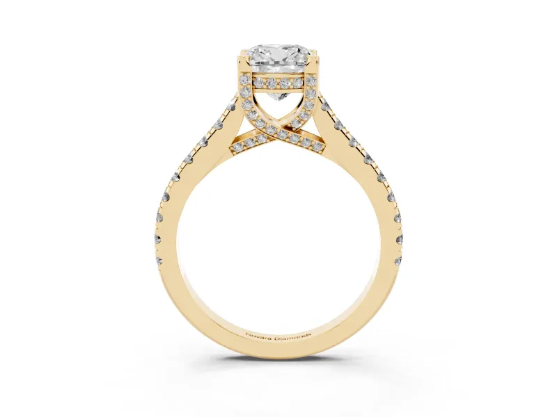 Cushion Cut Hidden Halo Pave Engagement Ring Setting | Claw Prongs | Yellow Gold
