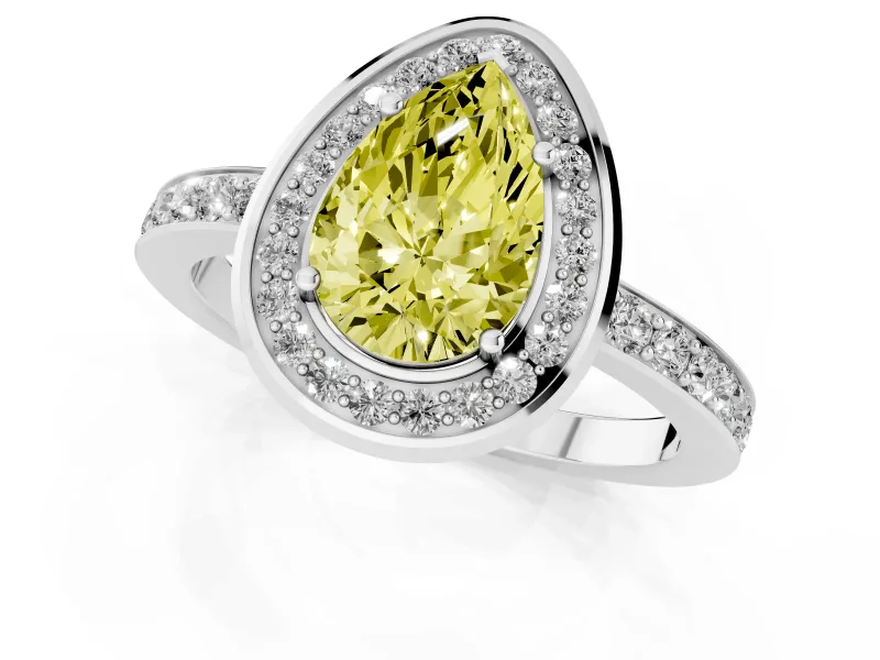 Fancy Yellow Pear Cut Diamond Halo Ring Set in Silver with Bezel Frame and Pavé Band