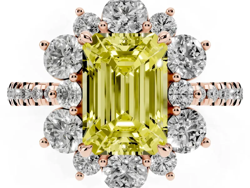 Fancy Yellow Emerald Cut Diamond Floral Halo Ring Set in Rose gold with Round Pavé Band and Prong Setting