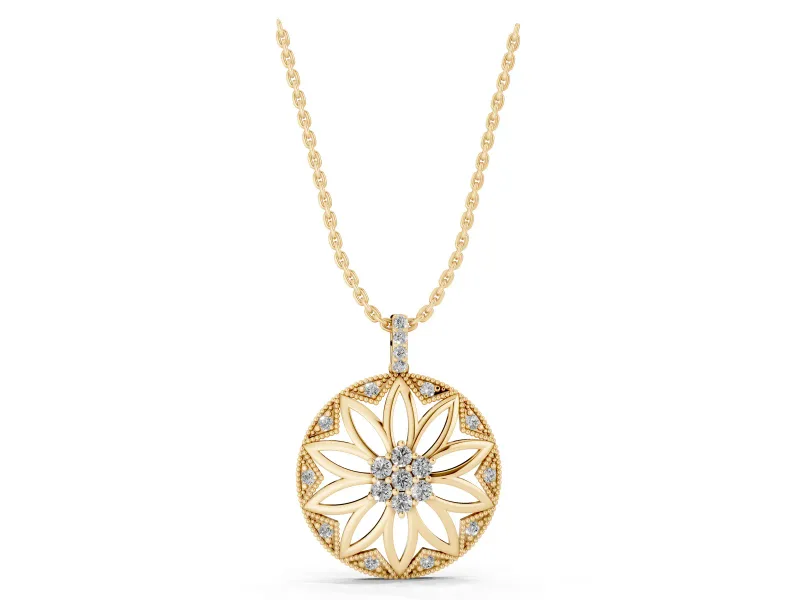 Round Lab-Grown Diamond Cluster Flower Pendant Necklace | Milgrain Frame | Yellow Gold