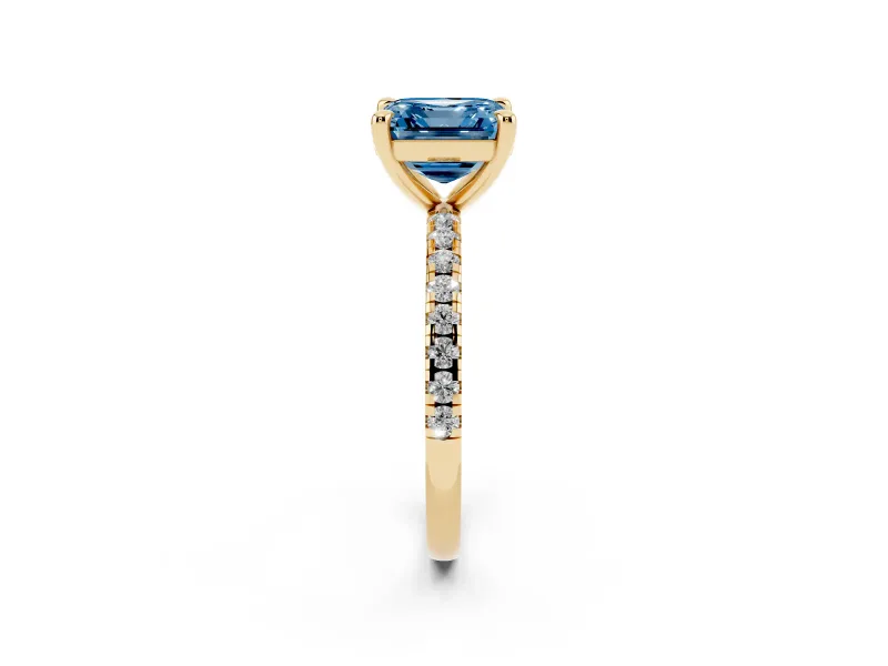 Fancy Blue Asscher Cut Diamond Brilliant Solitaire Ring Set in Yellow gold with Pavé Band and Prong Setting