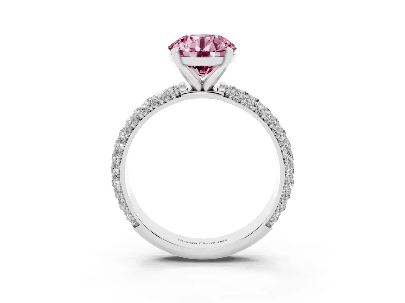 Fancy Pink Round Cut Diamond Solitaire Ring Set in White gold with Prong Setting and Pavé-Set Band