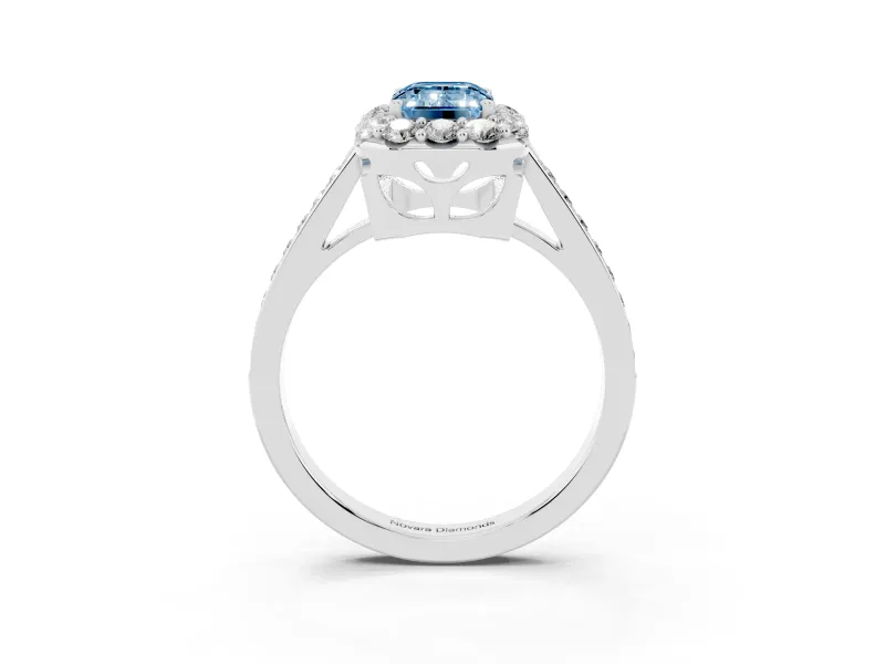 Fancy Blue Emerald Cut Diamond Floral Halo Ring Set in White gold with Pavé Band and Prong Setting