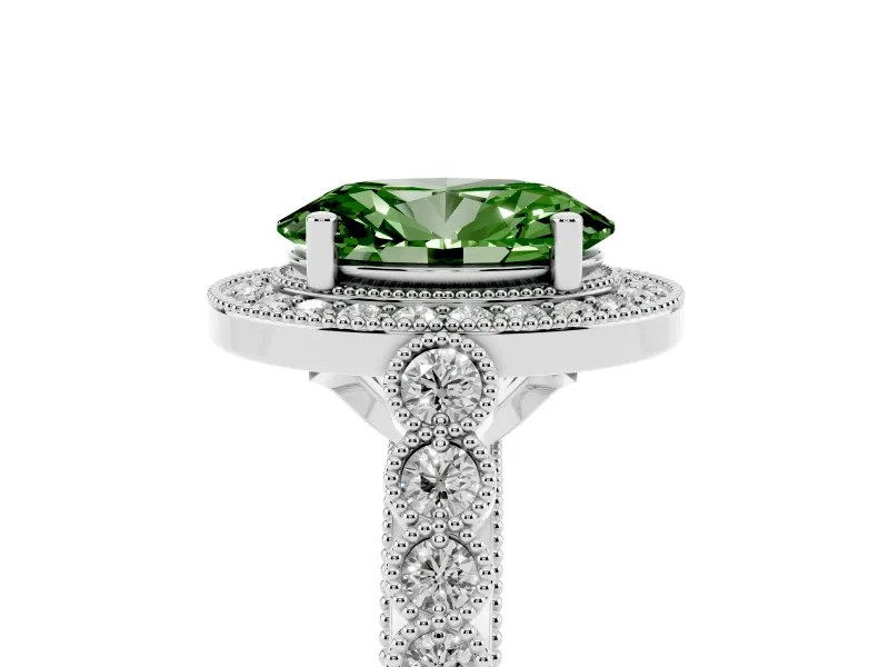 Fancy Green Oval Cut Diamond Milgrain Halo Solitaire Ring Set in Silver with Bezel Set Side Stones and Pavé Band