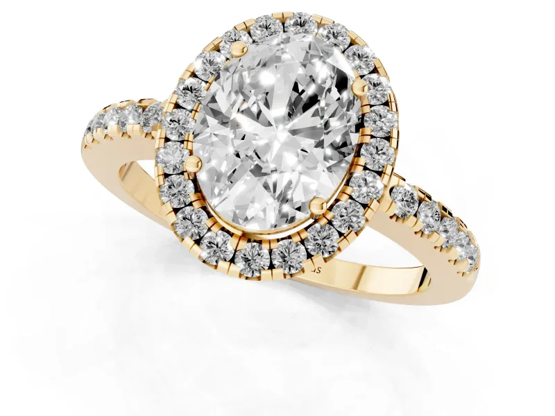 Oval Cut Diamond Pavé Band Halo Engagement Ring Set in Yellow gold with Prong Setting