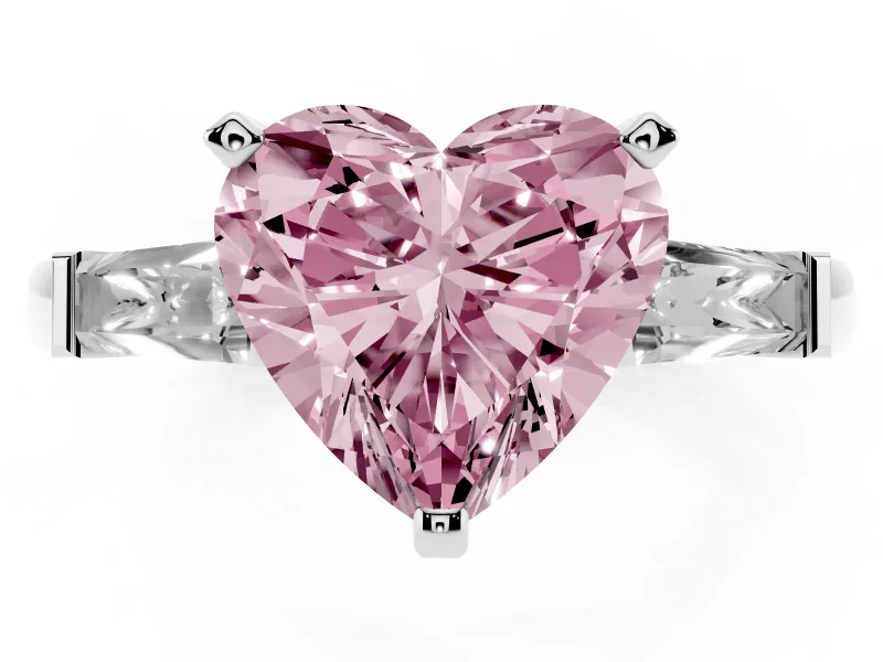 Fancy Pink Heart Cut Diamond Solitaire Ring Set in Platinum with Tapered Baguette Side Stones and Prong Setting
