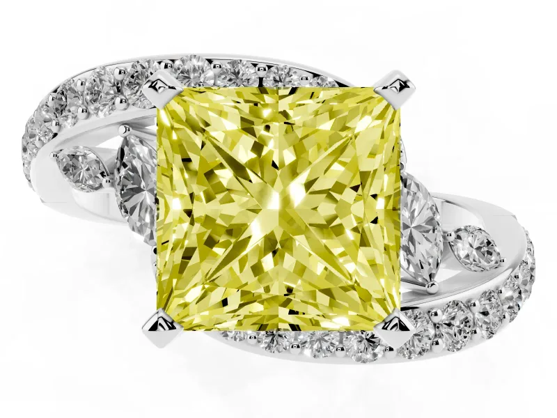 Fancy Yellow Princess Cut Diamond Solitaire Ring Set in White gold with Pavé Twist Band and Secure Prong Setting