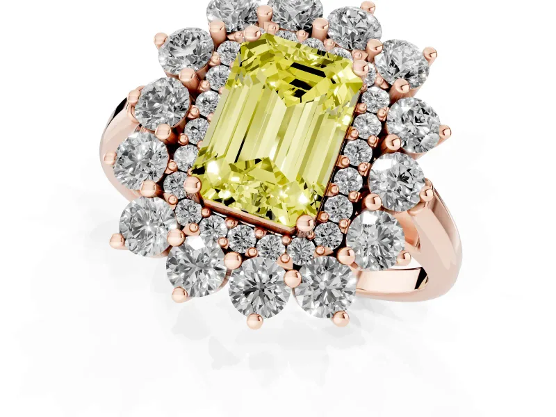Emerald Cut Floral Double Halo Engagement Ring Setting for a Fancy Yellow Lab-Grown Diamond | Plain Band | Rose Gold