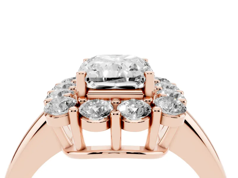 Radiant Cut Cluster Halo Engagement Ring Setting | Large Round Accents | Rose Gold