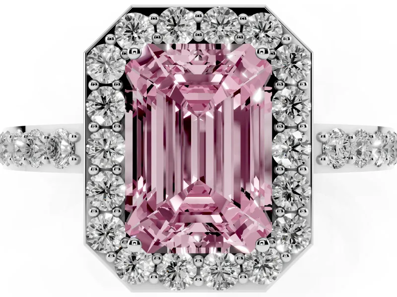Fancy Pink Emerald Cut Diamond Halo Ring Set in Platinum with Pavé-Setting Band and Open Prong Center