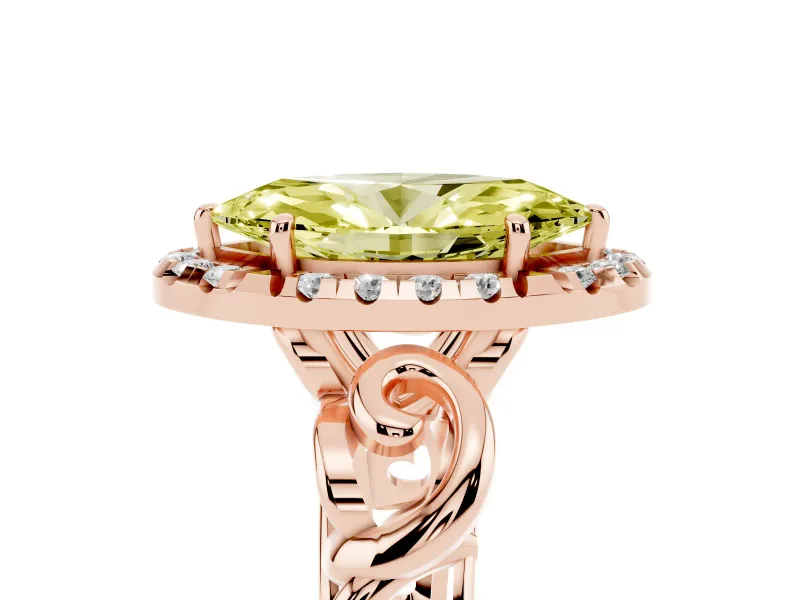 Fancy Yellow Marquise Cut Diamond Halo Ring Set in Rose gold with Scrollwork Band and Prong Setting