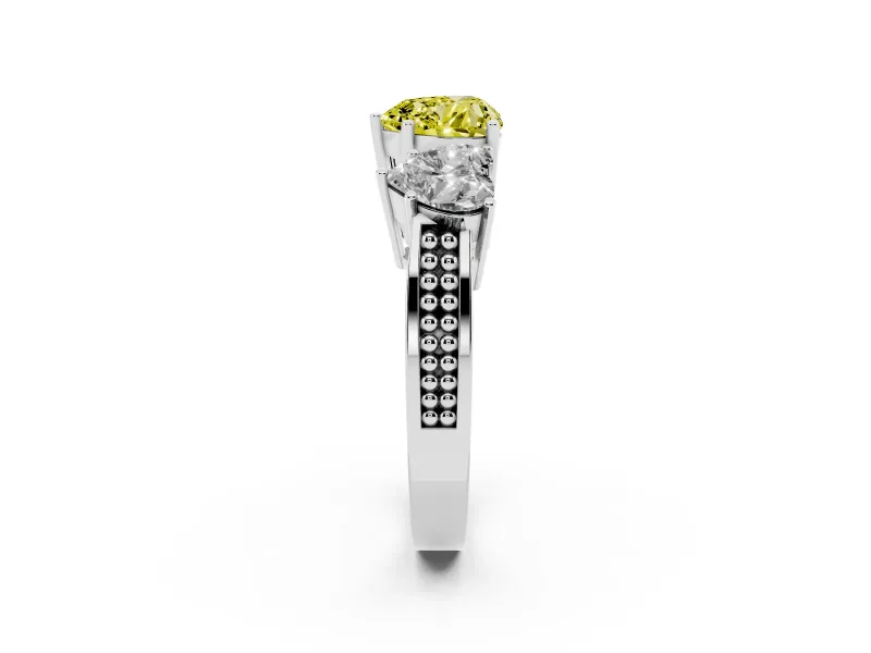 Heart-Shaped Three Stone Engagement Ring Setting for a Fancy Yellow Lab-Grown Diamond | Beaded Shoulders | Platinum