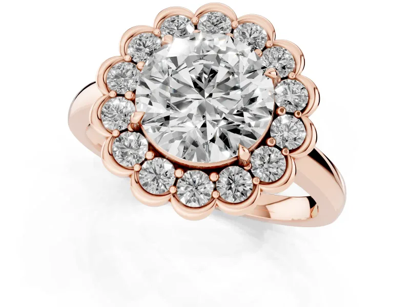 Round Scalloped Cluster Halo Engagement Ring Setting | Plain Band | Rose Gold