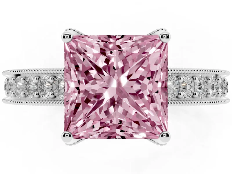Princess Cut Hidden Halo Engagement Ring Setting for a Fancy Pink Lab-Grown Diamond | Milgrain Pave | Platinum