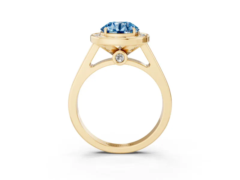 Round Rimmed Halo Engagement Ring Setting for a Fancy Blue Lab-Grown Diamond | Yellow Gold