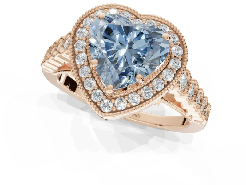 Fancy Blue Heart-Shaped Lab-Grown Diamond Milgrain Halo Solitaire Ring Set in Rose Gold with Bezel Set Side Stones and Pavé Band