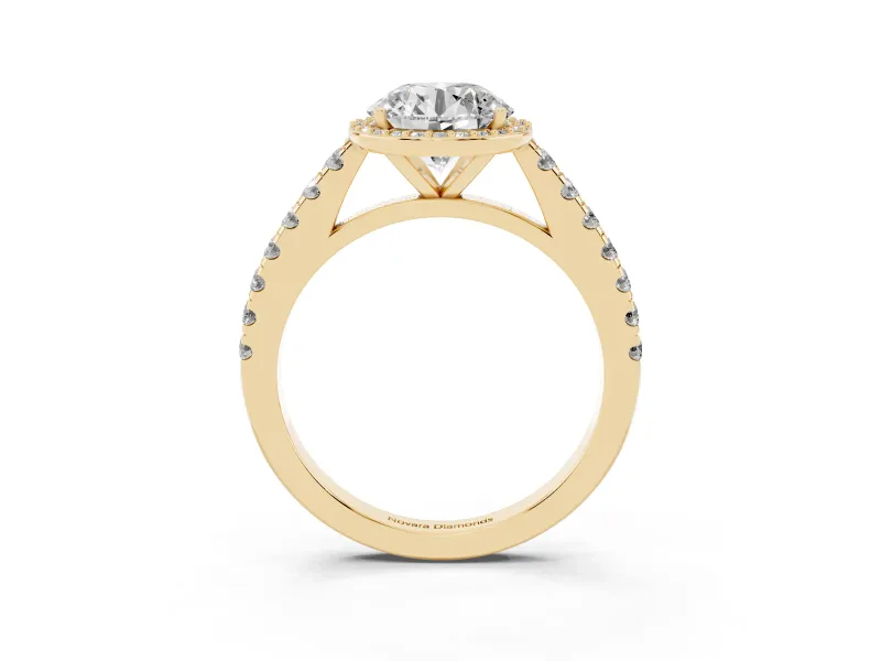Round Cut Diamond Halo Engagement Ring Set in Yellow gold with Pavé Band and Prong Setting
