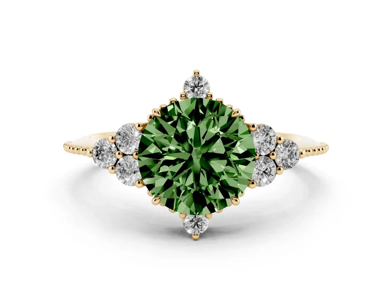 Fancy Green Round Cut Diamond Cluster Ring Set in Yellow gold with Beaded Band