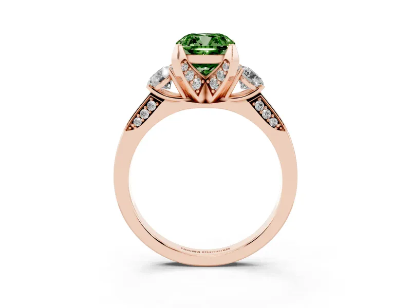 Cushion Cut Hidden Halo Three Stone Engagement Ring Setting for a Fancy Green Lab-Grown Diamond | Rose Gold
