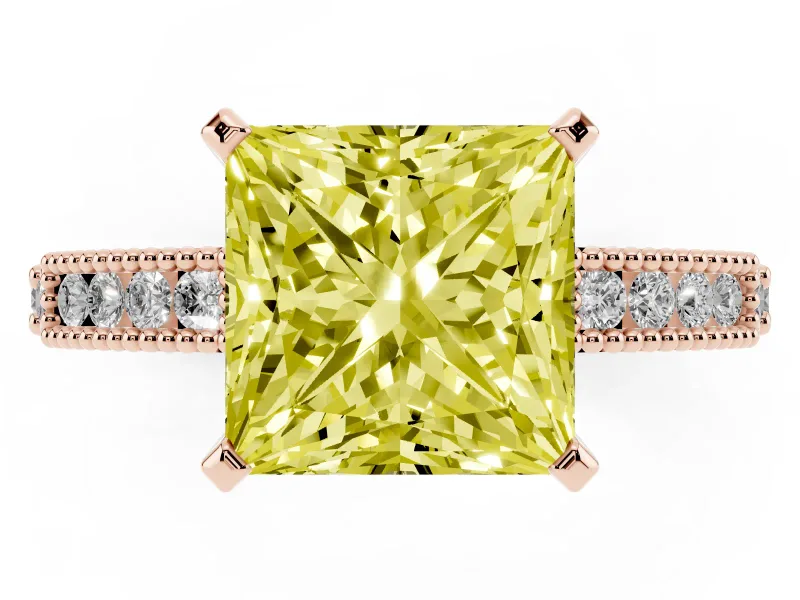Fancy Yellow Princess Cut Diamond Solitaire Ring Set in Rose gold with Slim Pavé Band and Prong Setting
