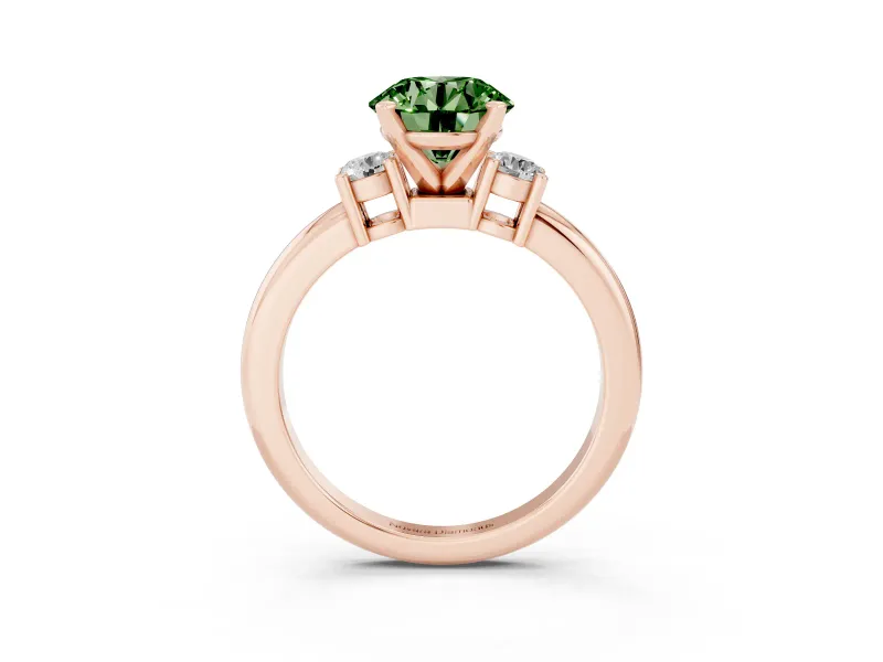 Fancy Green Three-Stone Round Cut Diamond Ring Set in Rose gold with Prong Setting and Plain Band