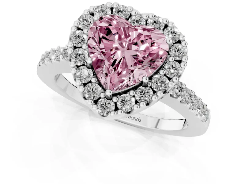 Fancy Pink Heart Cut Diamond Halo Pavé Solitaire Ring Set in Silver with Prong-Set Center Stone