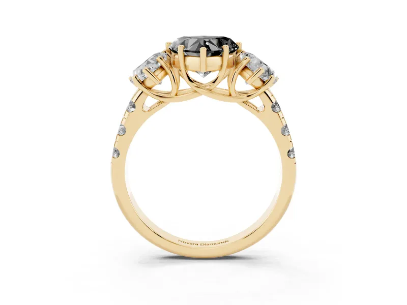 Heart-Shaped Three Stone Engagement Ring Setting for a Black Center | Accented Shoulders | Yellow Gold