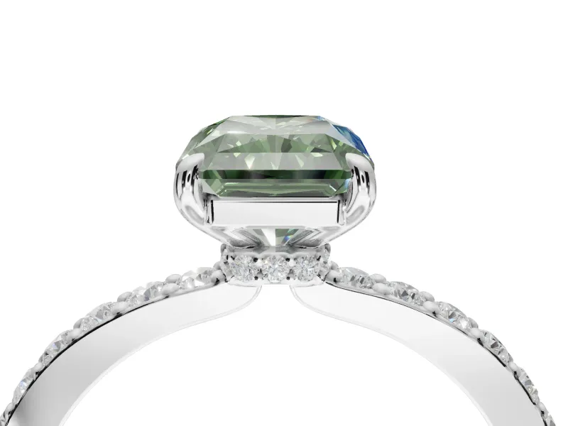 Radiant Cut Hidden Halo Engagement Ring Setting for a Fancy Green Lab-Grown Diamond | Pavé Band | White Gold